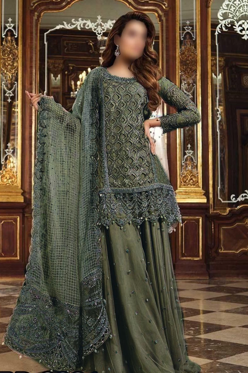 Maria B Organza Partywear Dress Mehendi | SC-2221