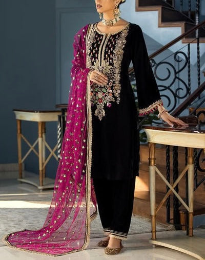 Khudabaksh Black Luxury Velvet Dress |Winter SC-5334