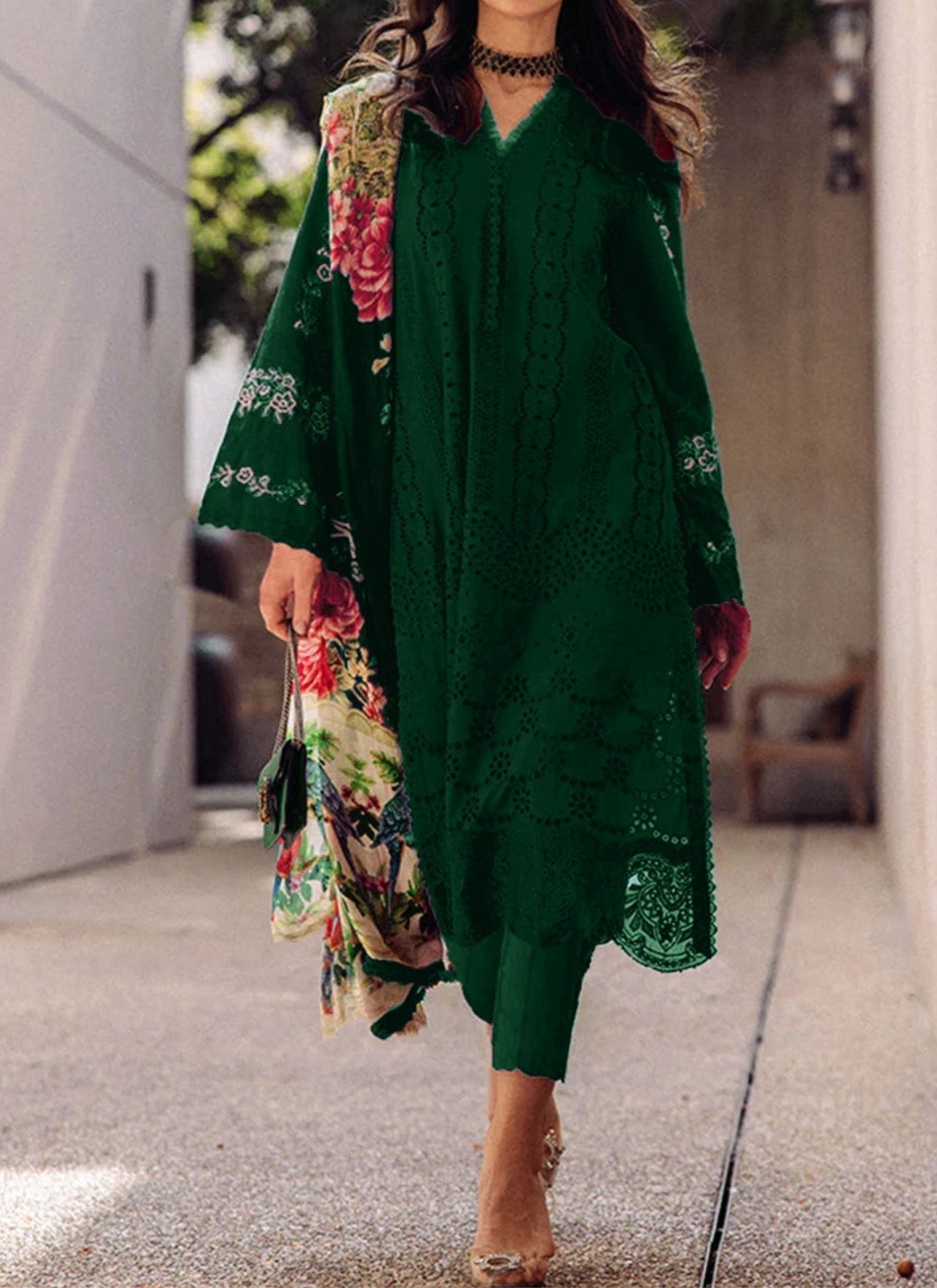 Saira Rizwan Bottle Green Shifle Chikankari Embroidery 3pc |SC-240