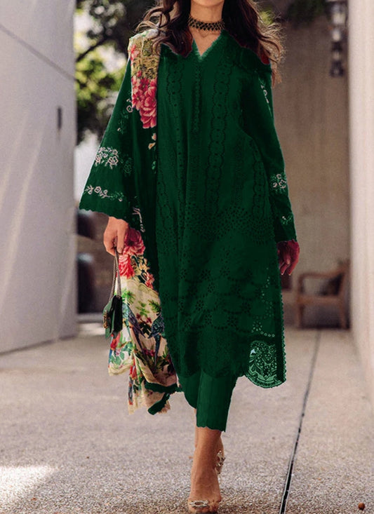 Saira Rizwan Bottle Green Shifle Chikankari Embroidery 3pc |SC-240
