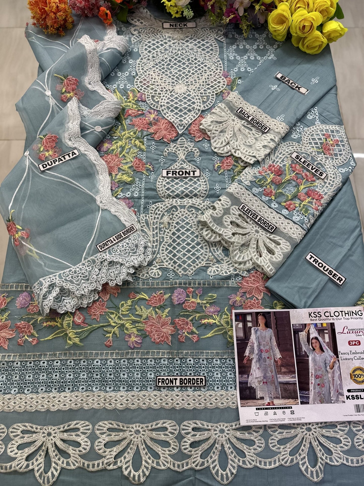 Adan Libas Lawn Chicken kari PartyWear Dress | Sky Blue Colour SC-217